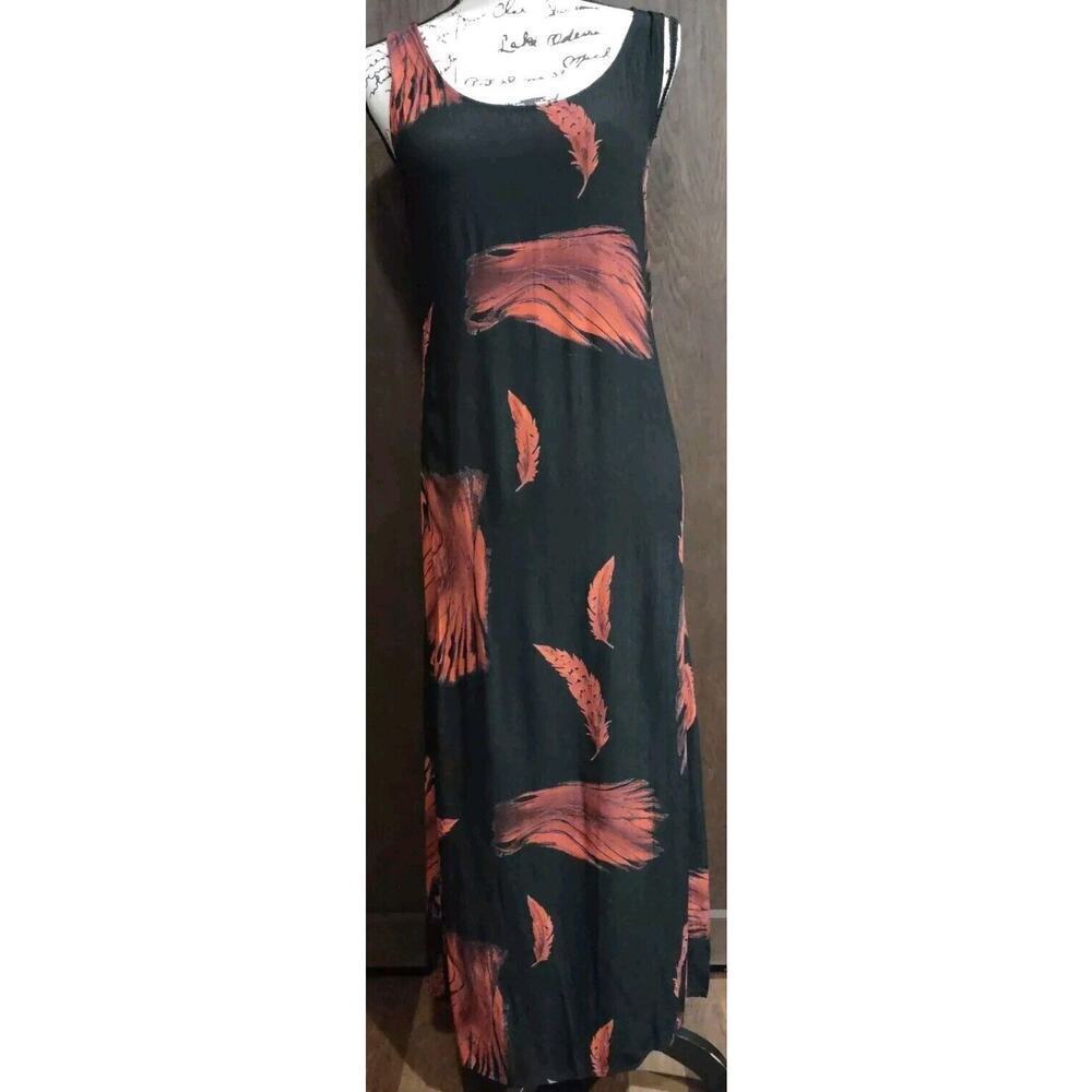 Connie Choi Maxi Dress feather sleeveless tie back Small made in USA black red